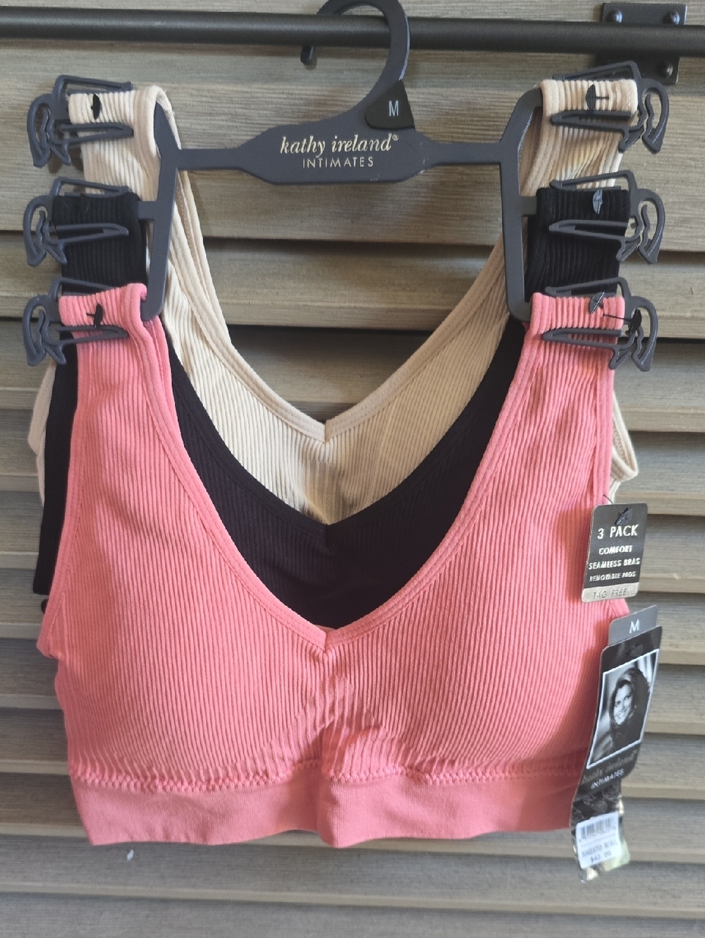 kathy ireland Intimates 3-Pack Ribbed Seamless Bralettes - Pink, Black, Cream